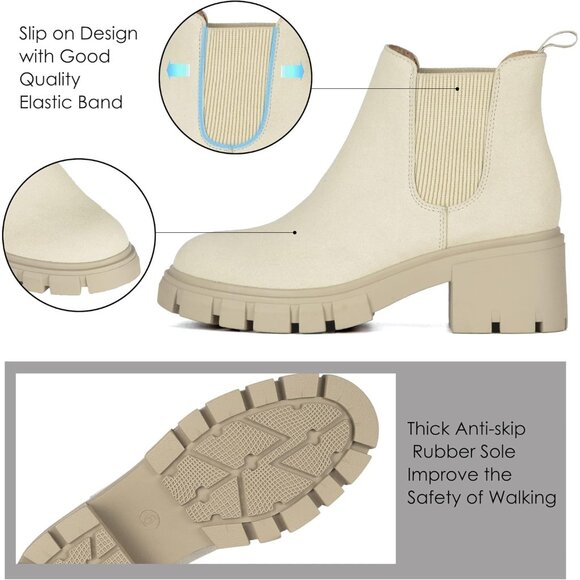 Womens Chelsea Beige Boots Fashion Lug Sole Chunky Heel Slip On Ankle Booties - Picture 4 of 6